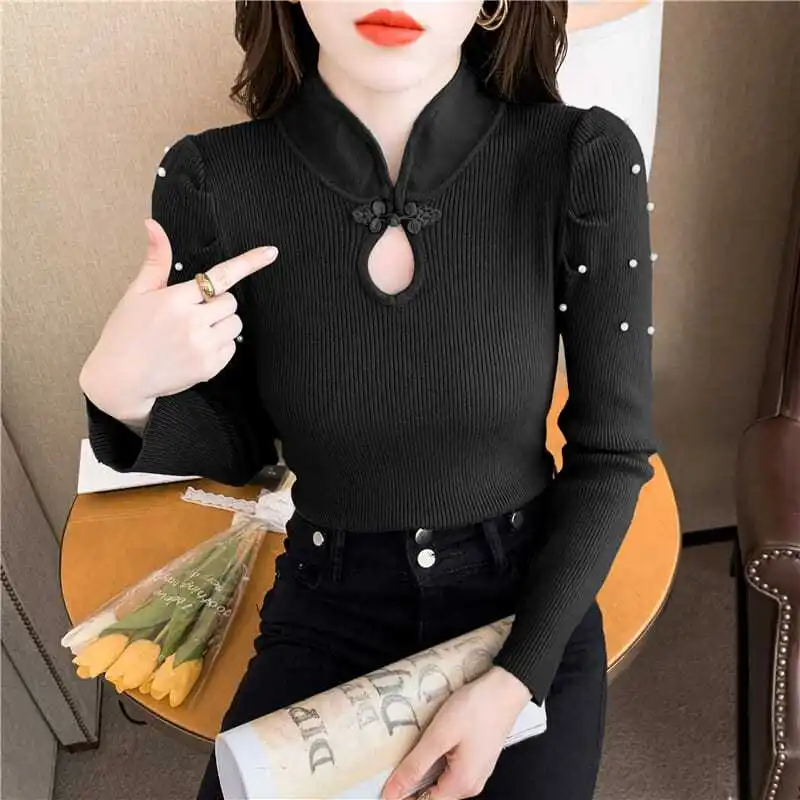 Elegant Solid Color Button Beading Hollow Out Blouses Women's Clothing 2023 Autumn Winter Slim Korean Tops Puff Sleeve Shirts