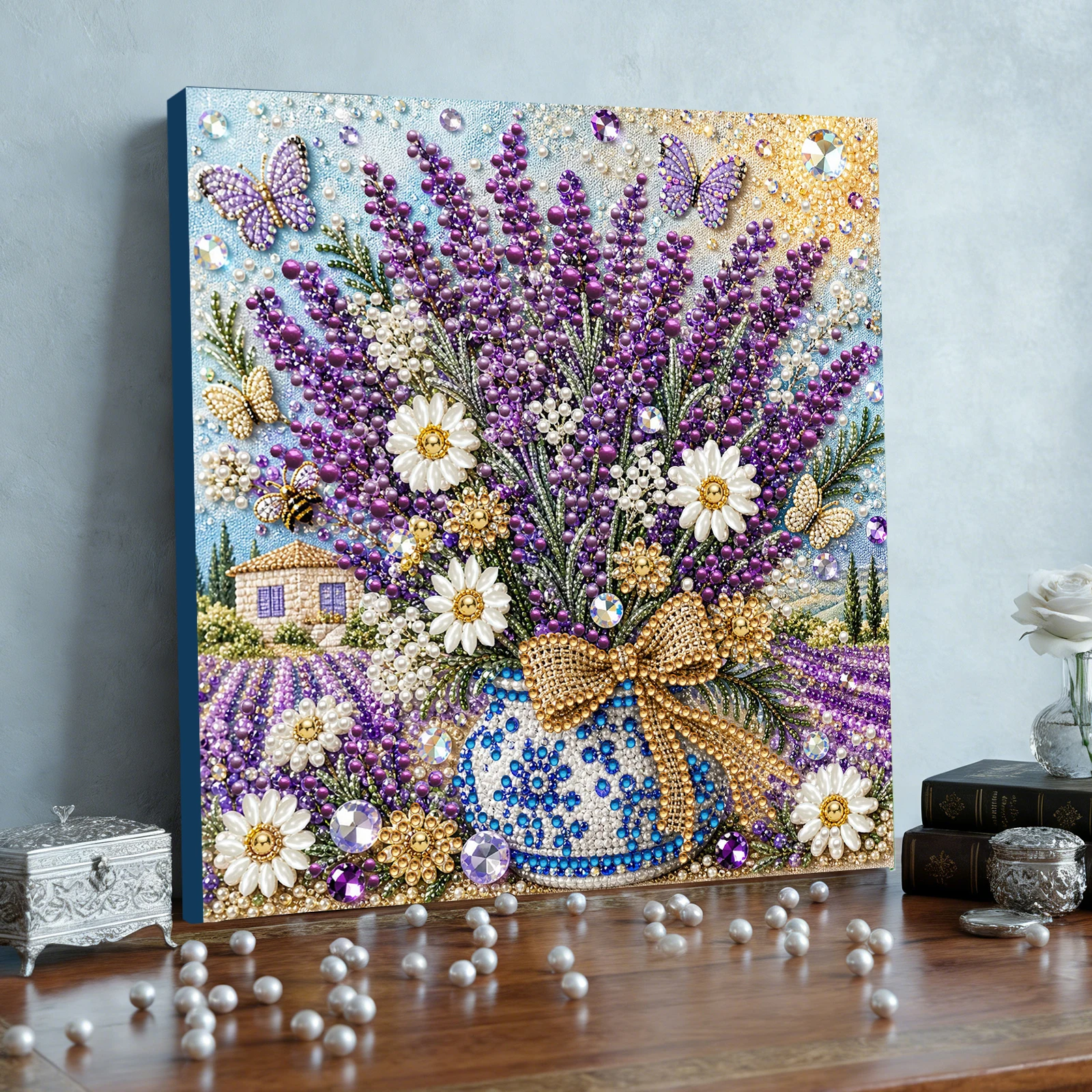 DIY Pearl Diamond Painting Kit Flowers Pearl Art Kits for Adults 7.87x7.87" Rhinestones Beads Diamond Art Kit with Framed Canvas - view 5