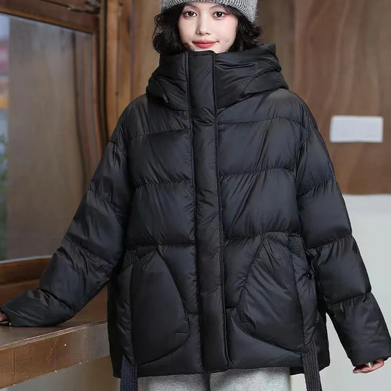 Short Down Jacket for Women, Warm Hooded Coats, Thick and Loose Outerwear, Monochrome, Casual and Fashionable, Winter