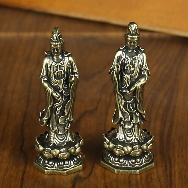 Brass Guanyin Buddha Figurine Living Room Desktop Ornament Home Decor Chinese Style Copper Bodhisattva Statue Miniatures Craft
