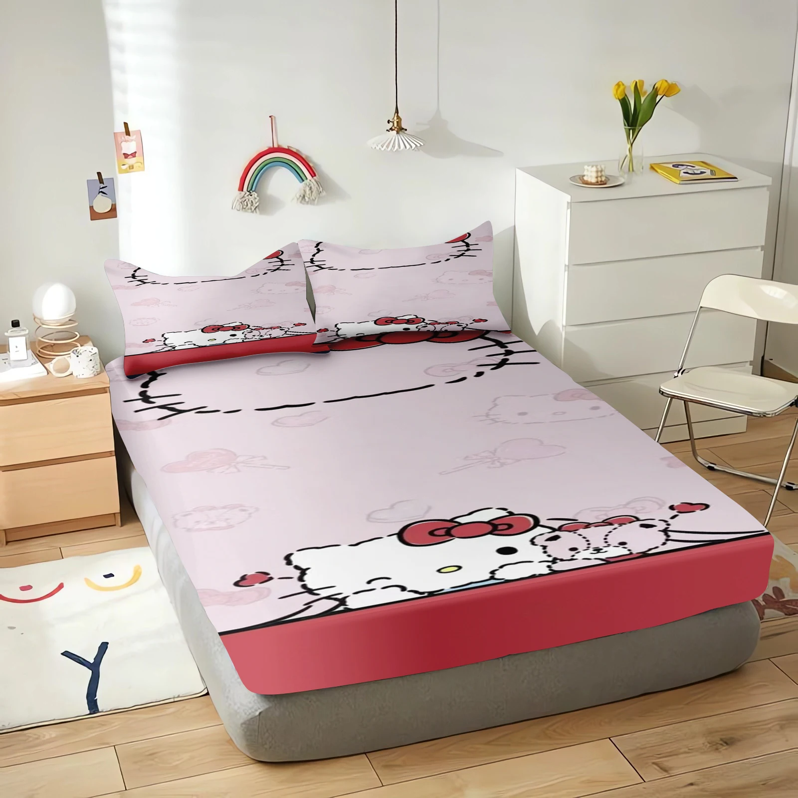 Hello Kitty Cartoon Fitted Sheet for Children, Sanrio Coverage Sheets, Elastic Cover, Cute Dream, Digital Printing Bedding