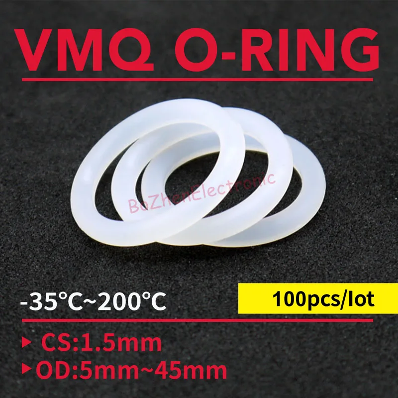 

100pc Thickness CS 1.5mmOD 5 ~ 45mm Silicone O Ring Gasket Food Grade Waterproof Washer Rubber Insulate Round O Shape Seal White