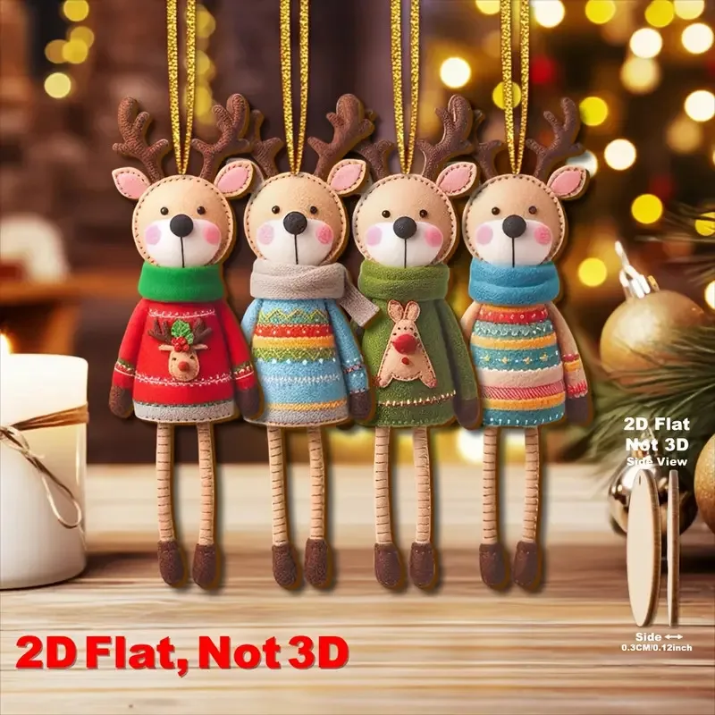 16 pçs 2d colorido rena de natal ornamento de madeira 2025 natal dos desenhos animados pendurado ornamentos para casa 2026 presente de ano novo