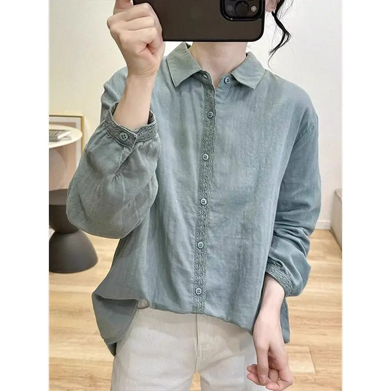 Women Clothing Vintage Simple Lace Patchwork Button Up Shirts Solid Loose Cotton Linen Blouses Casual Long Sleeve All Match Tops