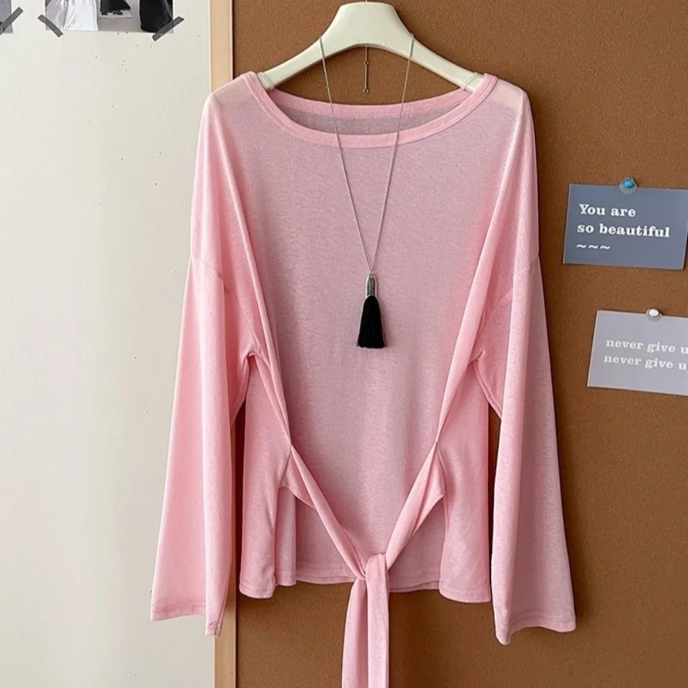 Koreanischer Stil, transparentes Langarm-T-Shirt, schulterfrei, locker geschnittenes, durchsichtiges Oberteil, hinten gebunden, Oversize-T-Shirt, lässig für den Alltag. – Detail 11