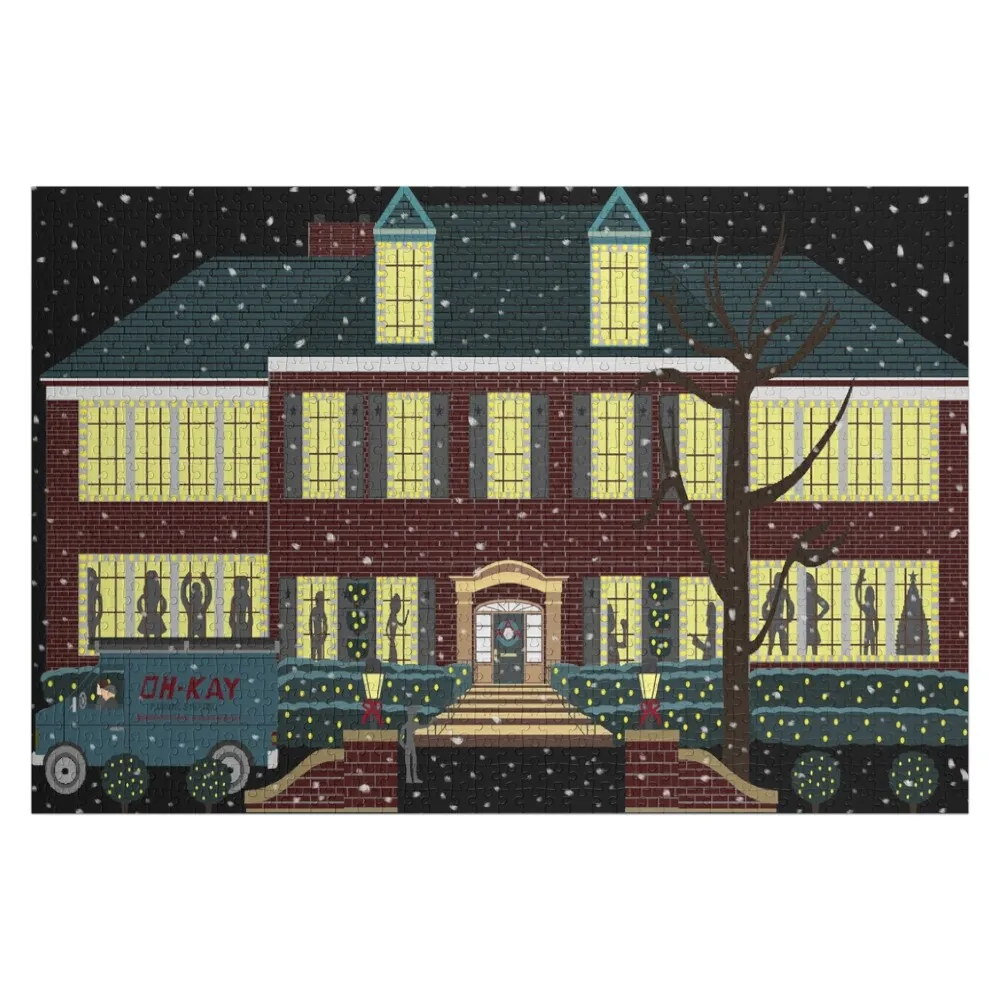 home alone house at night shadows dancing in the window (snow version) Jigsaw Puzzle Woods For Adults Puzzle