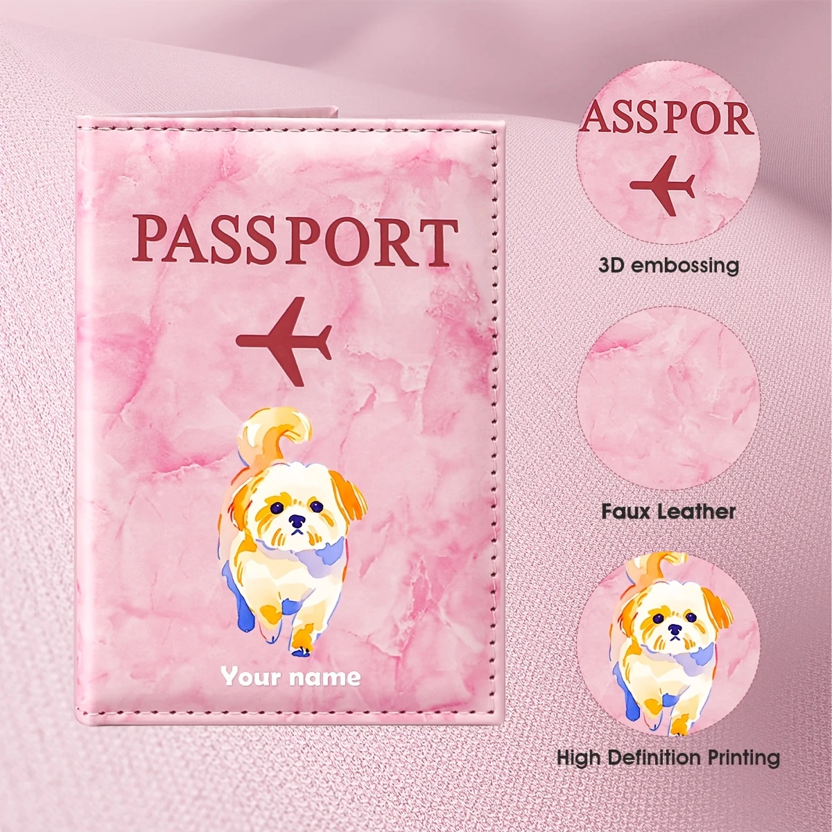 Custom Name Cute Dog Illustration Design Passport Holder, Featuring an Adorable Pet Image Along with The Custom Text 'Your Name'