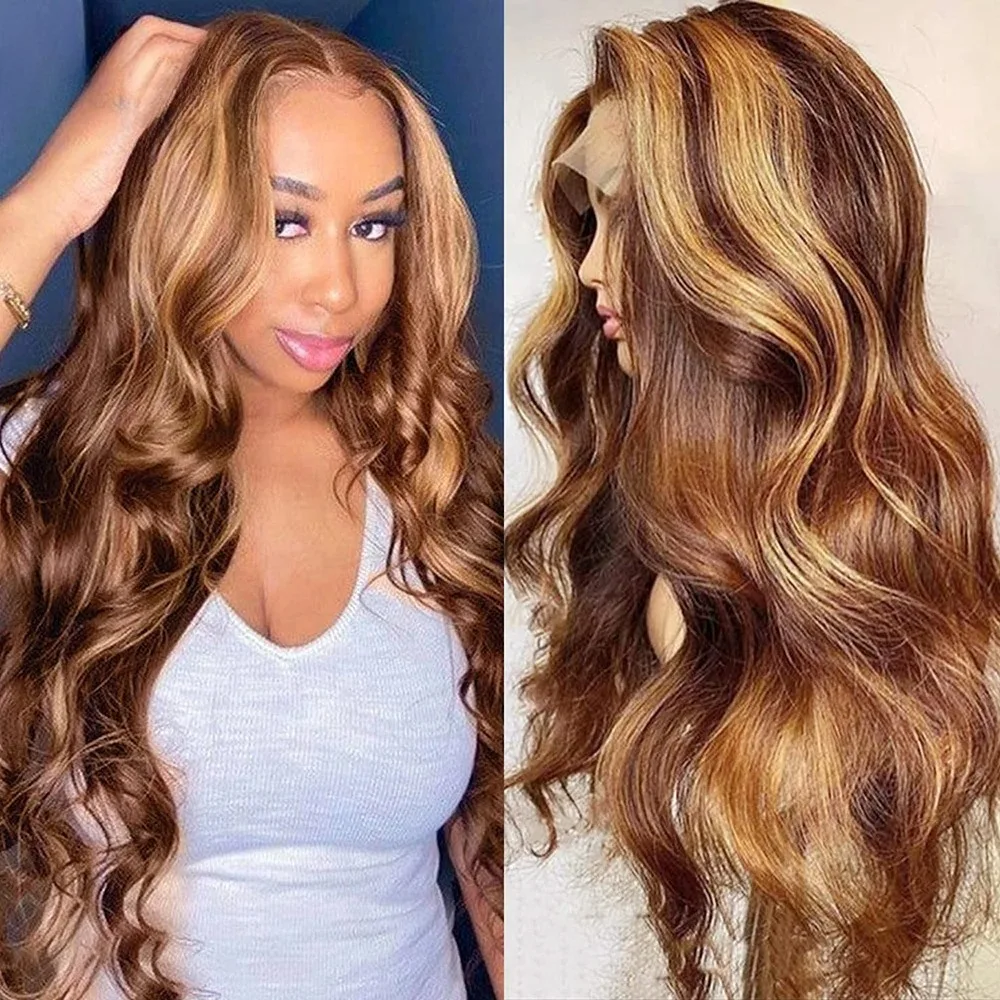 

Highlight Ombre Blonde 13x4 HD Body Wave Front Lace Wig Honey Blonde Synthetic And Blend Pre Plucked Glueless Daily Use Cosplay