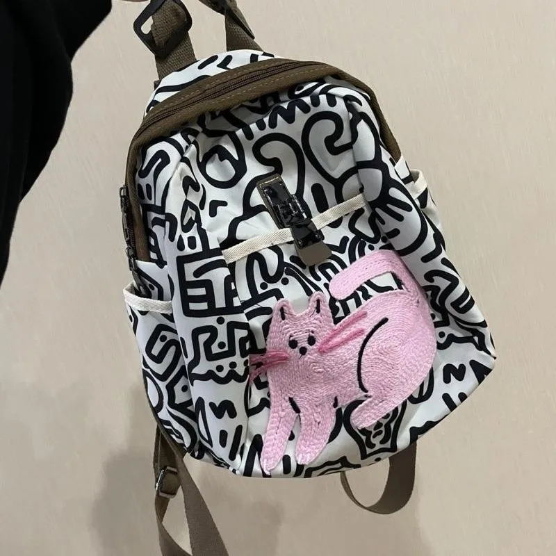 

Cute Kitten Lock Buckle Backpack Women Line Print Large Capacity Nylon Rucksack Ladies Fashion Casual Commuter Mochilas Mujer
