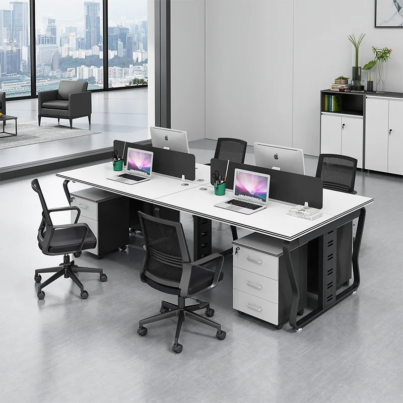 

2 employees' desks, 4 employees' screens, partitions, card spaces, employee computers, desks and chairs combination