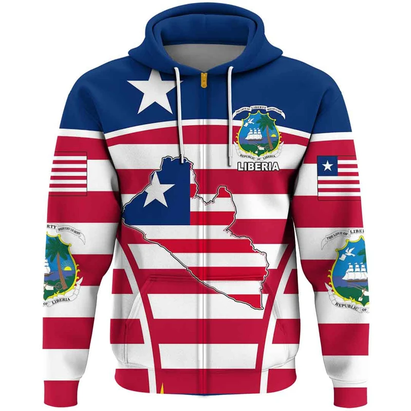 Liberia Flag Map Graphic Sweatshirts LR National Emblem Zip Up Hoodie For Men Clothing Casual Male Hoody Sport Kids Pullovers