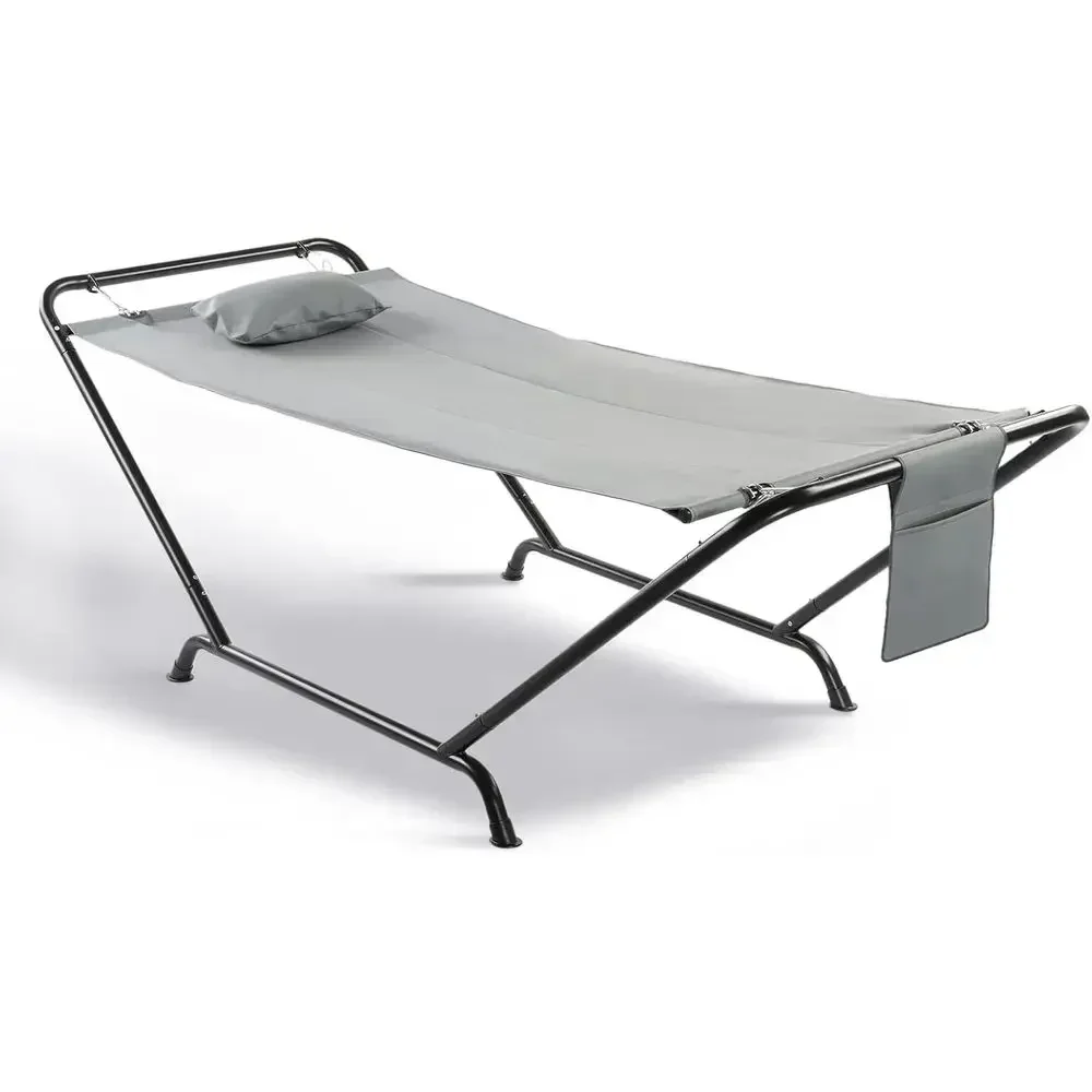 Heavy-Duty Outdoor Hammock with Stand, 600lbs Capacity, 4-Point Bed for Patio or Yard, Grey with Pillow and Storage Bag