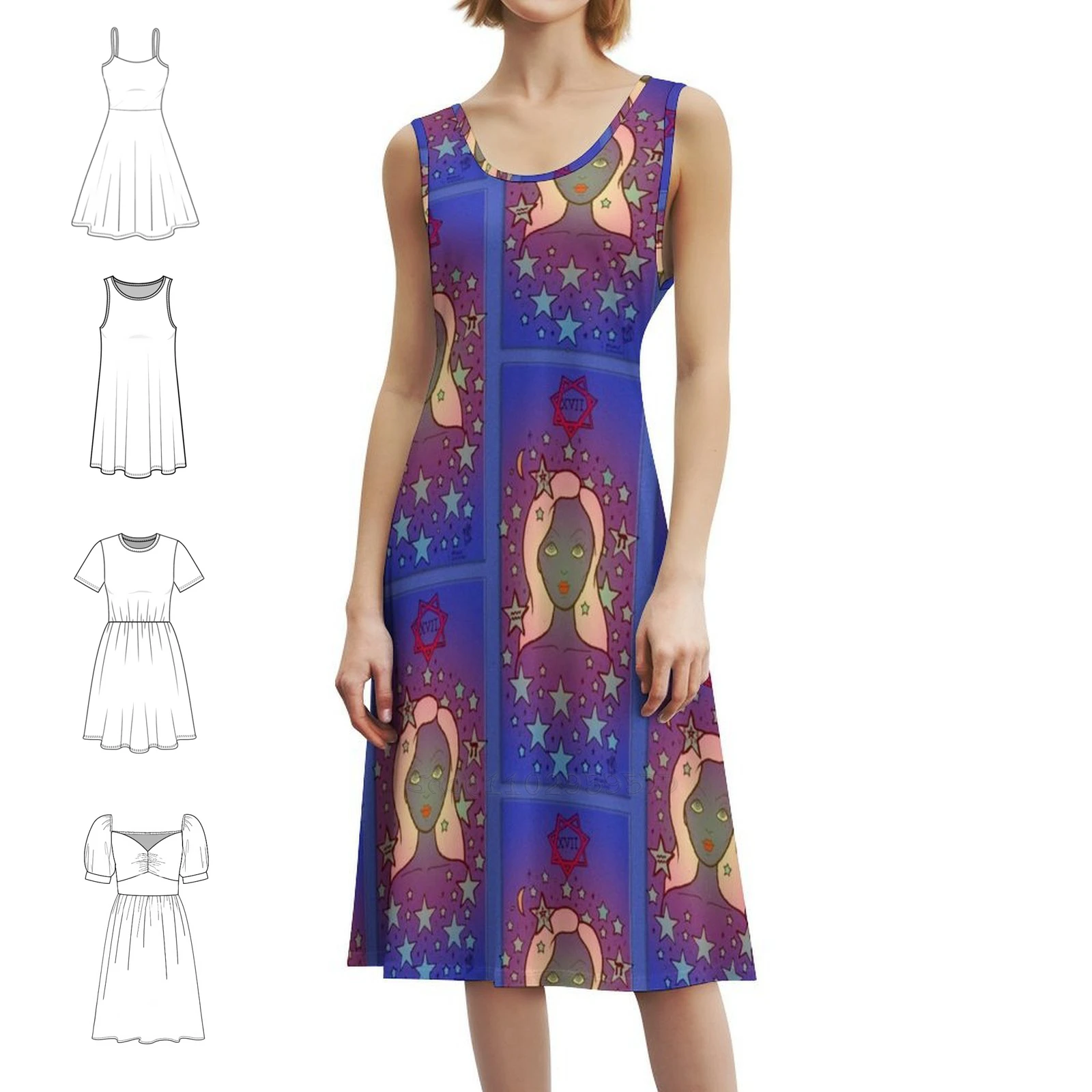 

Star Ov 2016 Bohemian Sleeveless Dress Multi-Print Beach Vacation Party Dress 156 Magick Witchipoo Star Tarot Dress