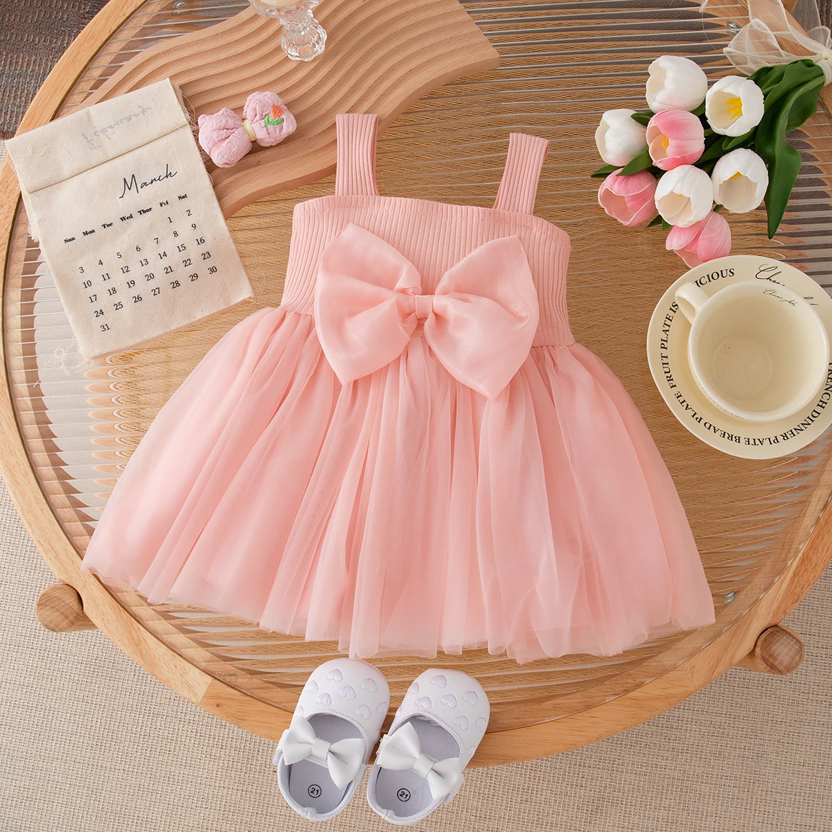 Baby Girl Summer New Bow Solid Color Sling Knit Puffy Casual Girl Kid's Dress Cute Simple Baby Girls Princess Dresses