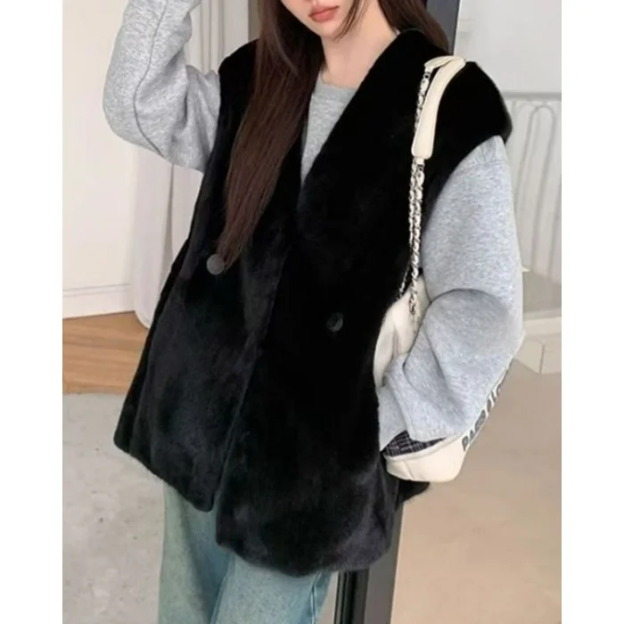 Tagkita Women's Faux Mink Vest Thiened Cotton Loose Fit V-Ne Sle Stand Edition Polyester Fiber Winter Season New Arr...