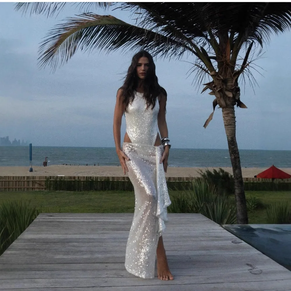 

Elegant Sequined Skirts Two Piece Sets Solid Round neck Sleeveless Slimming High Split Skirt 2 Piece Sets Holiday Beach Outfits