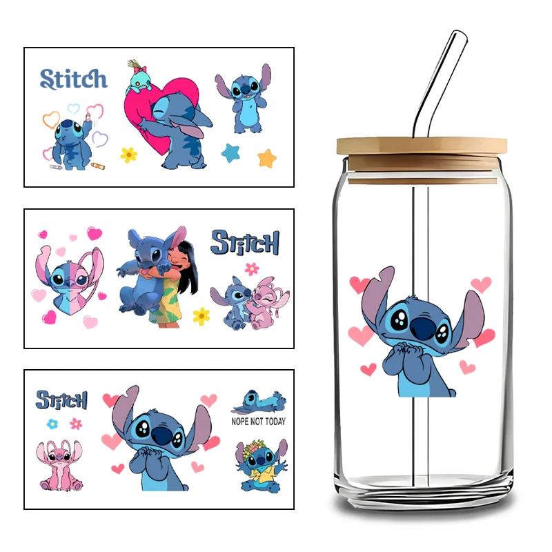 Adhesivo decorativo de Lilo & Stitch y sus amigos, fácil de transferir, para tazas de café DIY de 16 oz, vasos Libbey, lavable, UV DTF, para envolver tazas