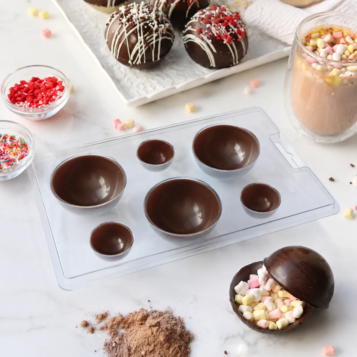 Hot Chocolate Sphere Molds 5Pcs 2 Sizes Hemisphere Food Grade PET Clear Moulds with Kraft Box for Cocoa Candy Soap