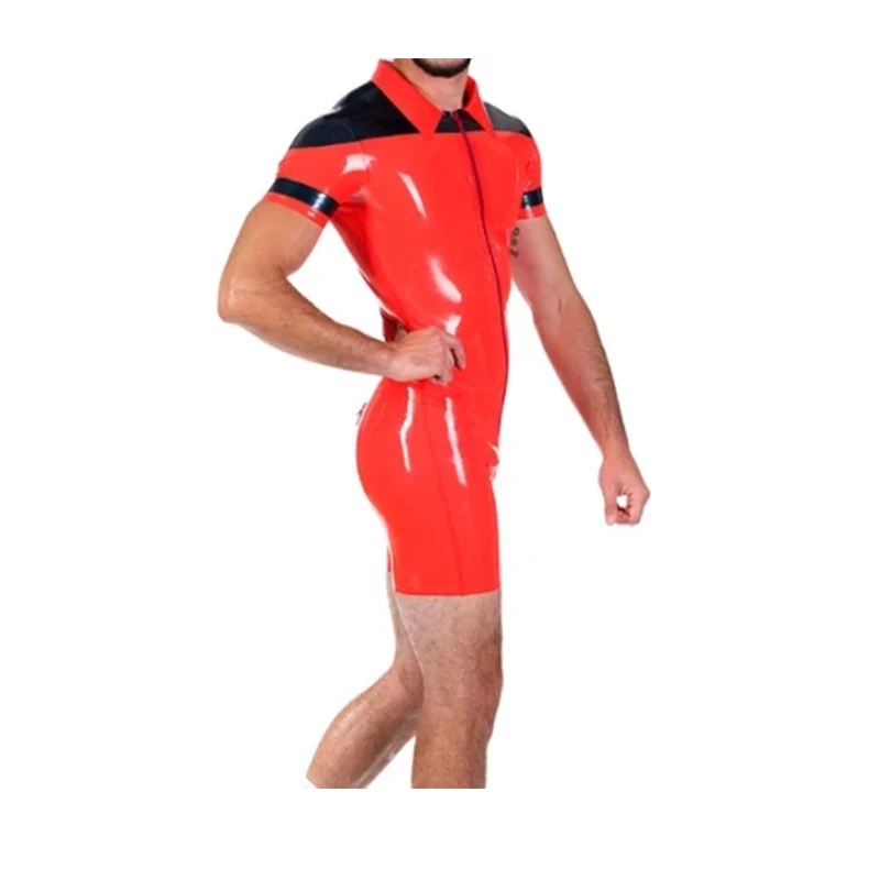 Catsuit de látex hecho a mano para hombre, fetiche, cremallera frontal, color negro con rojo, 0,4mm, talla de goma, XXS-XXL