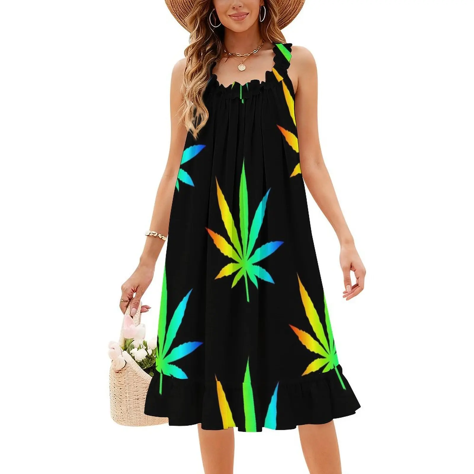 فستان بوهيمي بدون أكمام بأوراق قوس قزح متعدد الطباعة لحفلات العطلات على الشاطئ فستان حفلات هاش براونيز ينضعي Thc High Tokin للسيدات