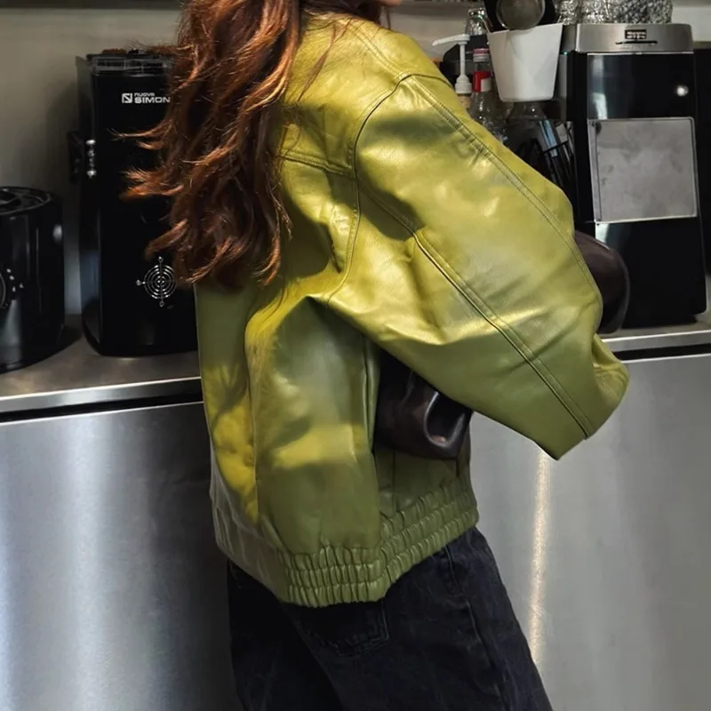 Women's Clothing Autumn Winter Leather Jacket Fast Selling Hot Items Individuality Turn-down Collar Green Leather Jacket Coat