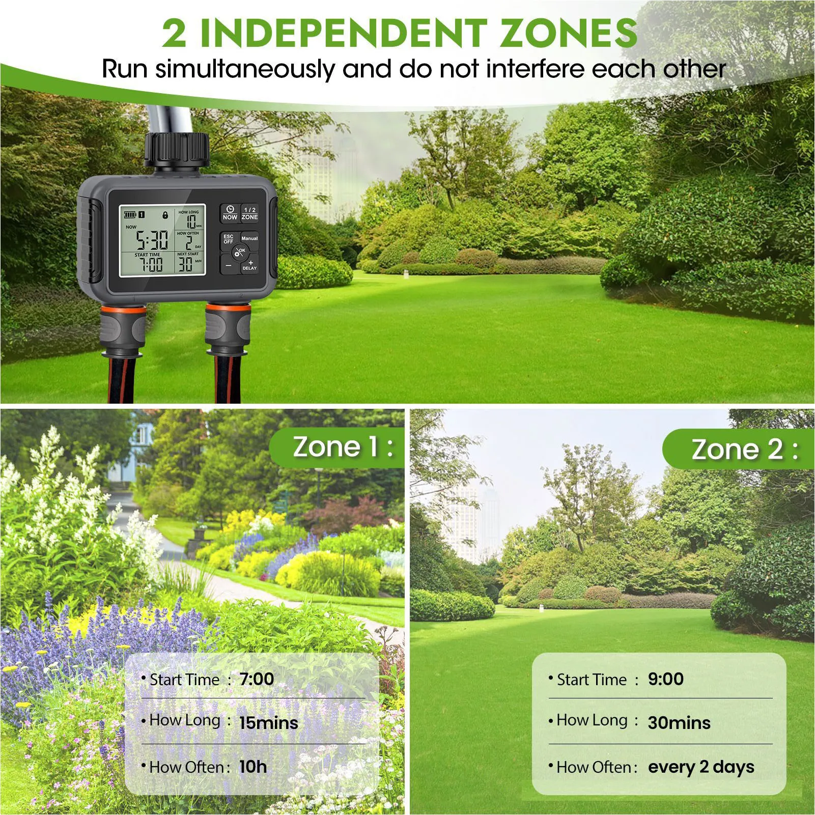 Irrigation Timer Smart Sprinkler Timer Double Outlets Irrigation Timer for Garden Lawn with Rain Delay Automatic Manual Watering