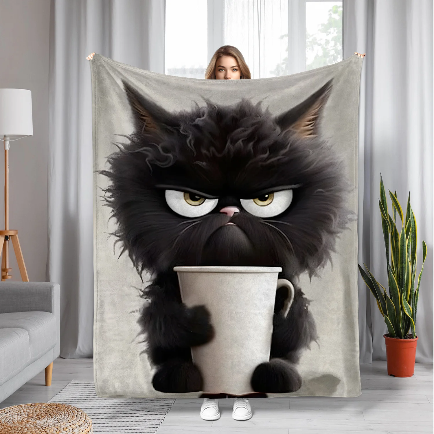 Cozy Angry Cat & Coffee Flannel Throw Blanket - Soft, All-Season Comfort, Perfect for Couch, Bed, Office, and Travel