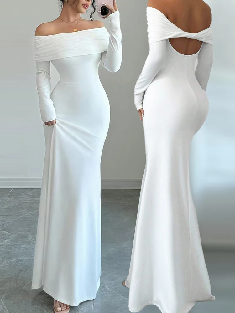 2025 Herbst/Winter Damen Bareback Sexy Single Shoulder Kleid Elegantes langes Kleid Abendkleid