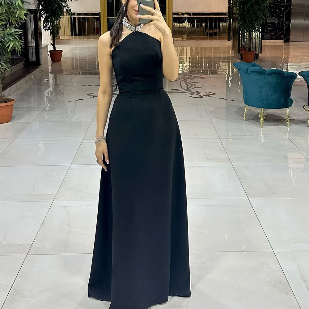 

Customized A-Line Prom Dresses Floor-Length High-Neck Sleeveless Evening Gown Fashion Crystal Simple Draped Casual Party Gown