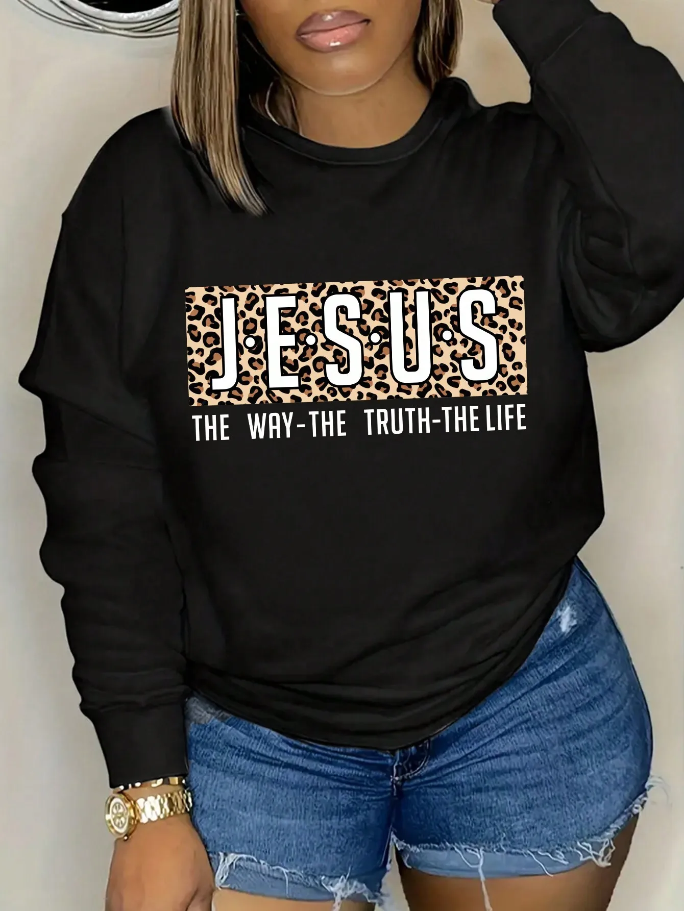 

Женская черная толстовка с леопардовым принтом и надписью «Jesus», повседневный пуловер для осени и зимы