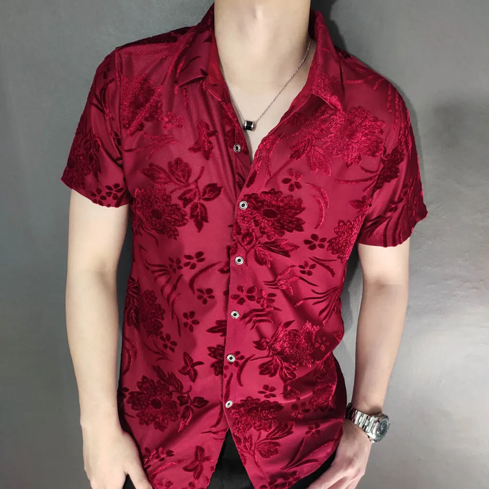 2022 Summer Red Velvet Shirt Hawaiian Male Shirt Camicia Uomo Streetwear Flower Shirt Velvet Shirt Short Sleeve Camisa Hombre