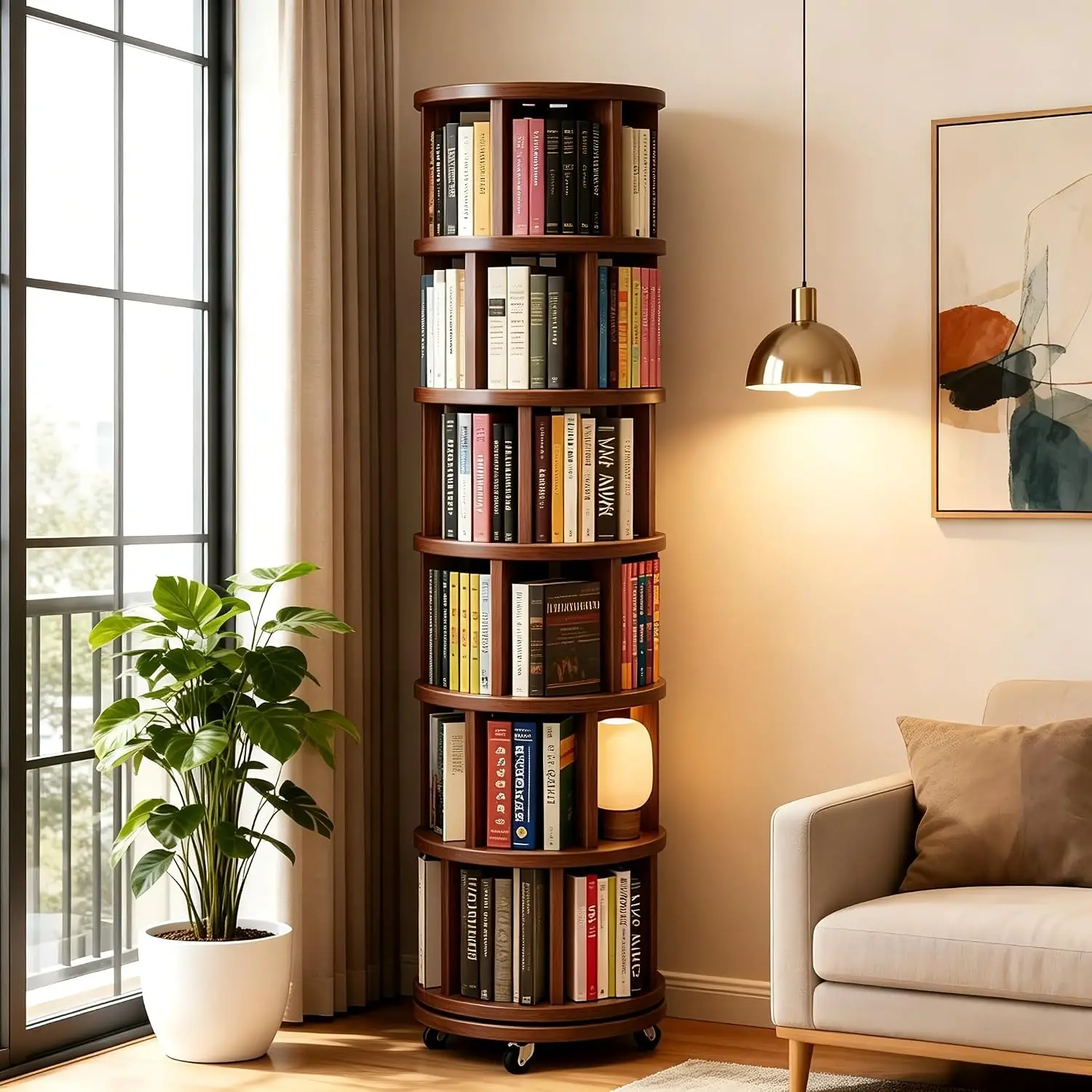 6Tier Solid Wood 360° Rotating Bookshelf Tower Round Revolving Book Shelf, Customized