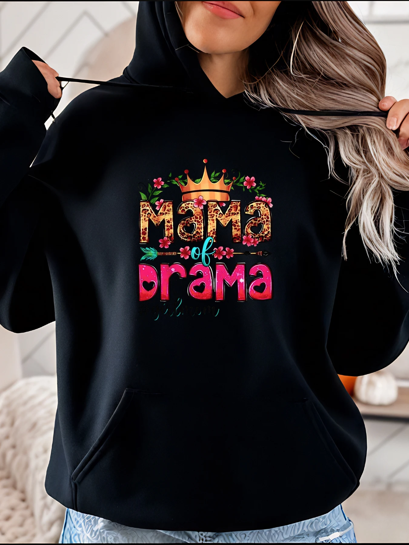 Sudadera con capucha con estampado Floral de corona Mama of Drama, ropa de calle informal para mujer, sudadera gráfica con bolsillo para uso diario