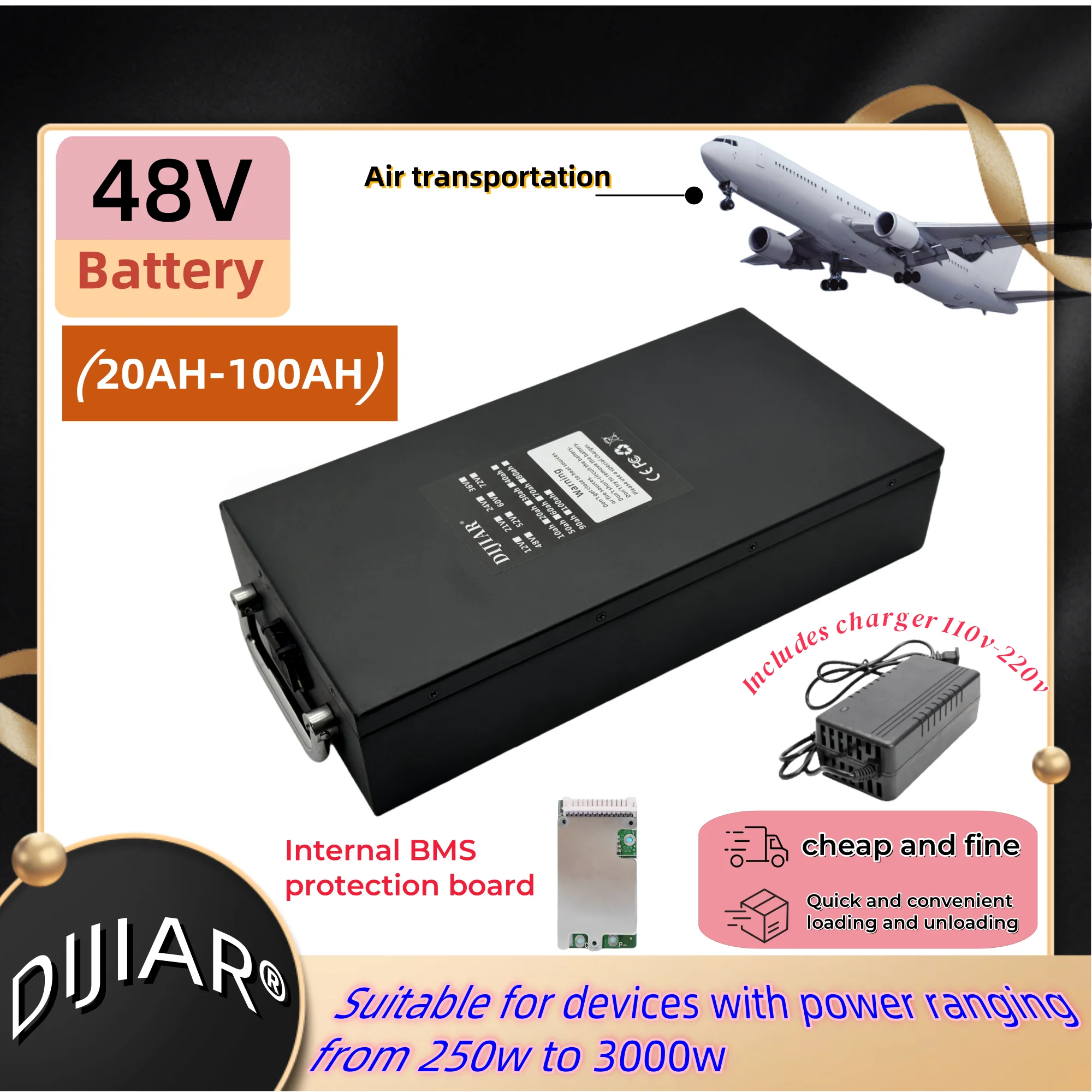 

Air transportation DIJIAR brand new Harley 72V18650 lithium battery, 20AH-100AH, detachable universal type, built-in BMS+charger