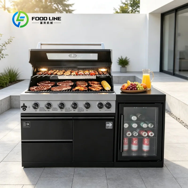 Waterproof 304 Stainless Steel Outdoor Kitchen Cooking Set, Custom 4-Burner Gas Grill with Side Cabinet