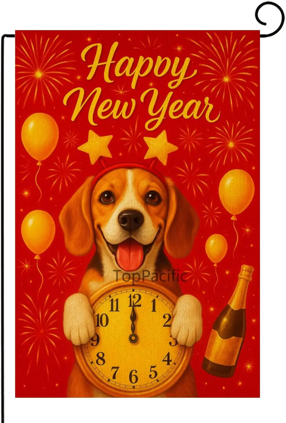 Happy New Year Garden Flag Christmas Firework Beagle Yard Flags 12x18 Inch Double Sided Linen Balloon Celebration Banner for PPM