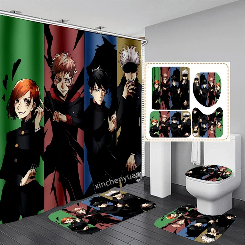 Fechion anime jujutsu Kaisen 3D print waterproof bathroom shower curtain toilet cover mat non-slip floor mat (1/3/4pcs) W41