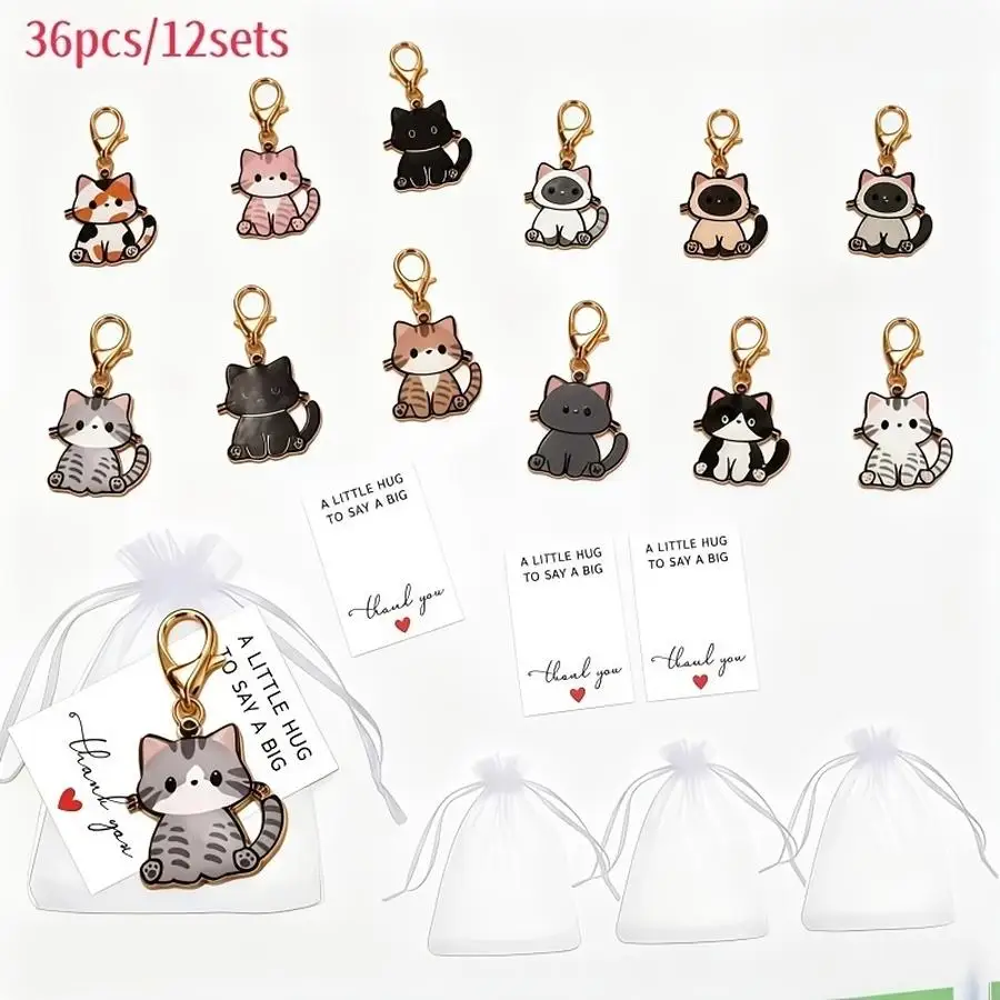 1/5/10/20/50/100pcs s/12-Set Cartoon Alloy Cat Keychain Charms, Includes Hug Card and Gift Bag - Cute Ladies' Bag Charm, Fashion