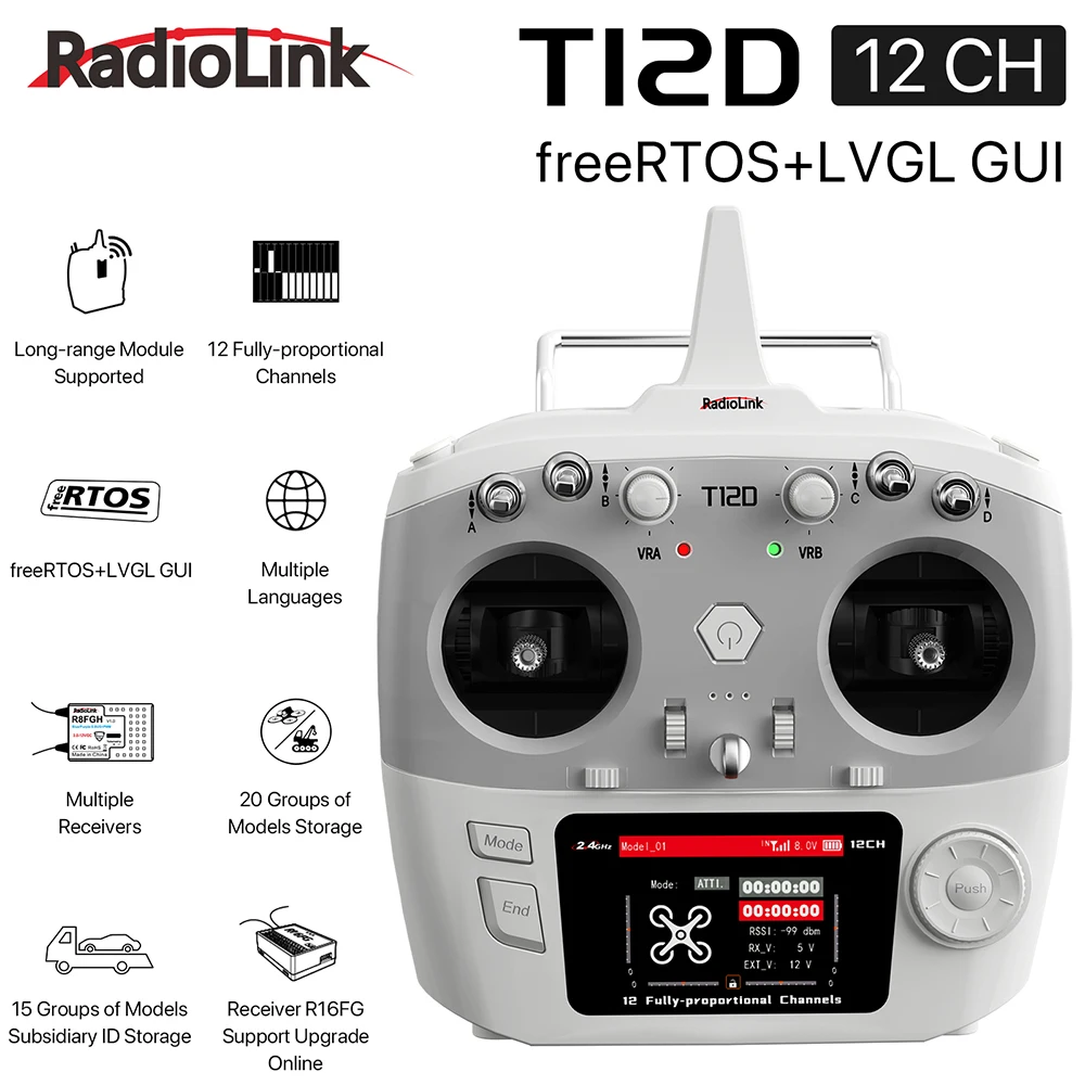 RadioLink T12D 12 Channels RC Transmitter 2.4GHz with R12F Receiver Remote Controller for FPV Drone Fixed Wing Airplane Car 