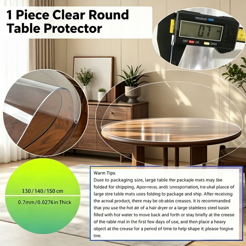 1pc Clear Round Table Mat 130 140 150cm 0.7mm Thick Waterproof Plastic Tablecloth Protector PVC Transparent Desk Cover Pad view 4