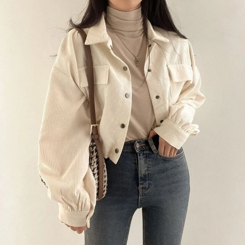 Deeptown Vintage Cropped Corduroy Blouses Women Casual Oversized Korean Fashion Chic Elegant Shirts Female Streetwear Button Up