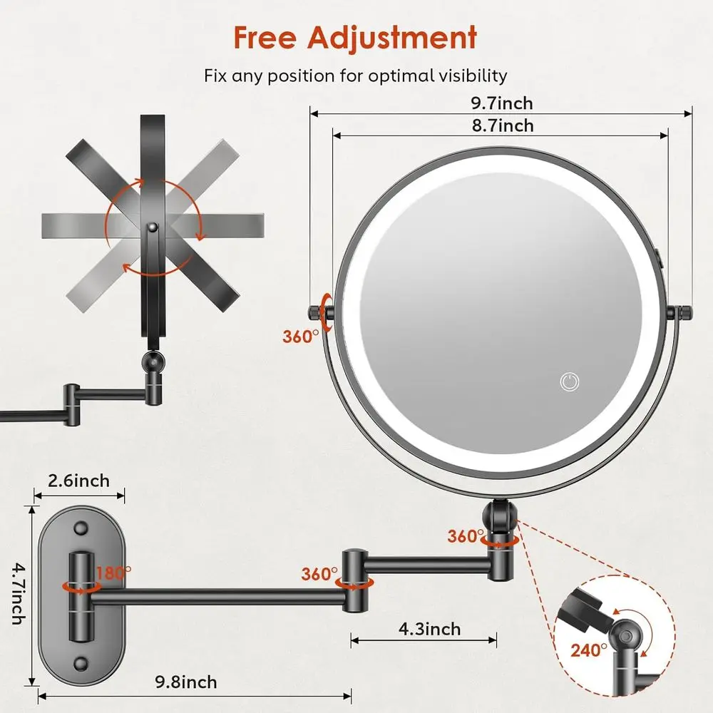 9 مرآة مكياج مثبتة على الحائط مضيئة LED، قابلة لإعادة الشحن بقدرة 4000 مللي أمبير في الساعة، تكبير مزدوج الجوانب 1X/20X، تعتيم باللمس، 360 درجة ° روتاتاب #2
