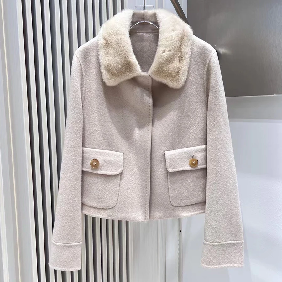 여성용 겨울 코트 럭셔리 리얼 캐시미어 코트 천연 밍크 퍼 칼라 고품질 패션 롱 울 블렌드 코트