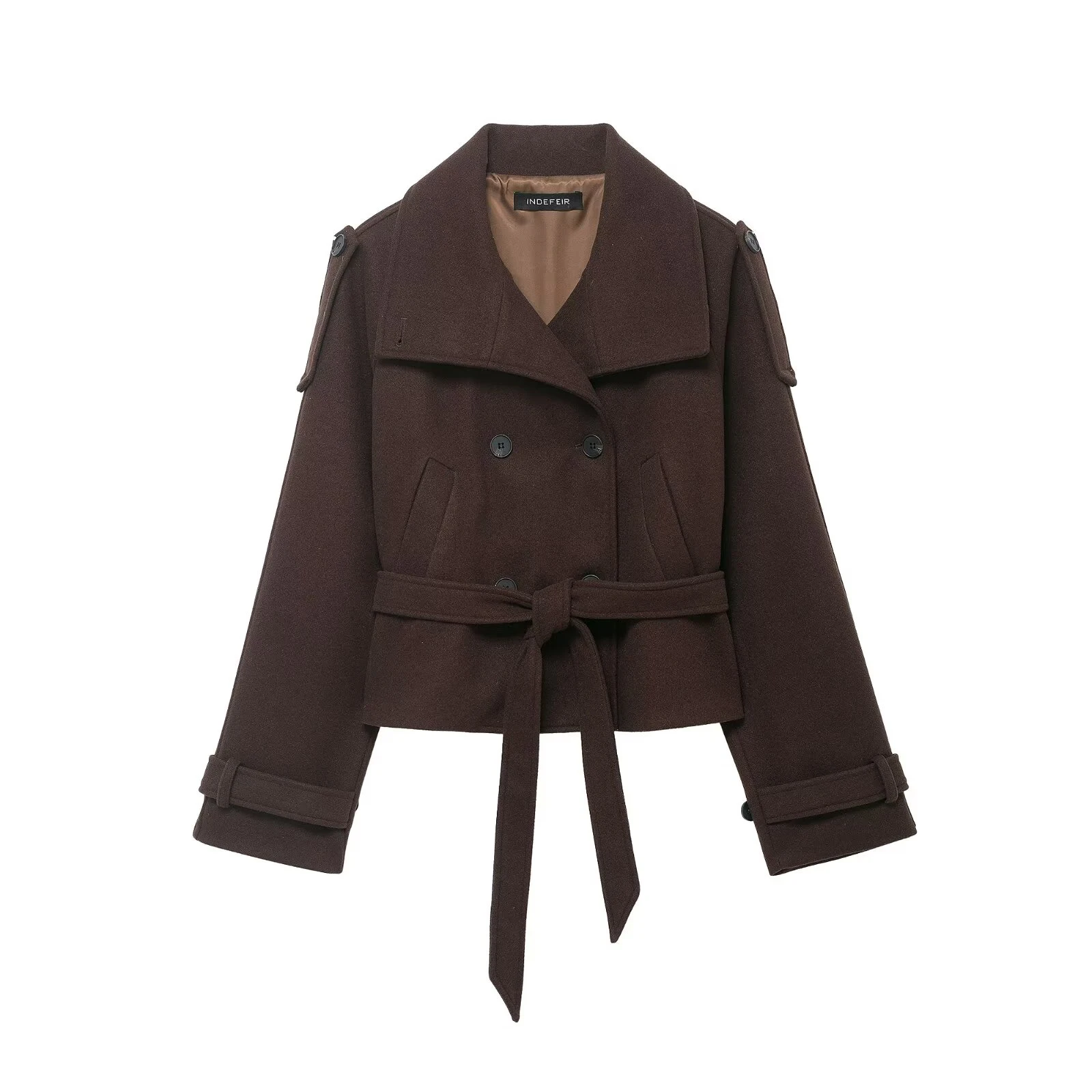 Winter new women's casual style stand up collar long sleeved double row buckle decoration bow tie short jacket top