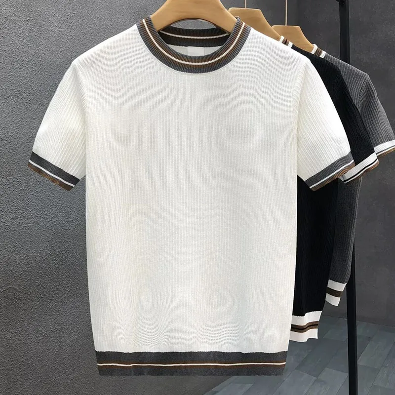 Summer New Men's Comfortable and Cool Breathable Jacquard Texture Contrasting Knitted T-shirt