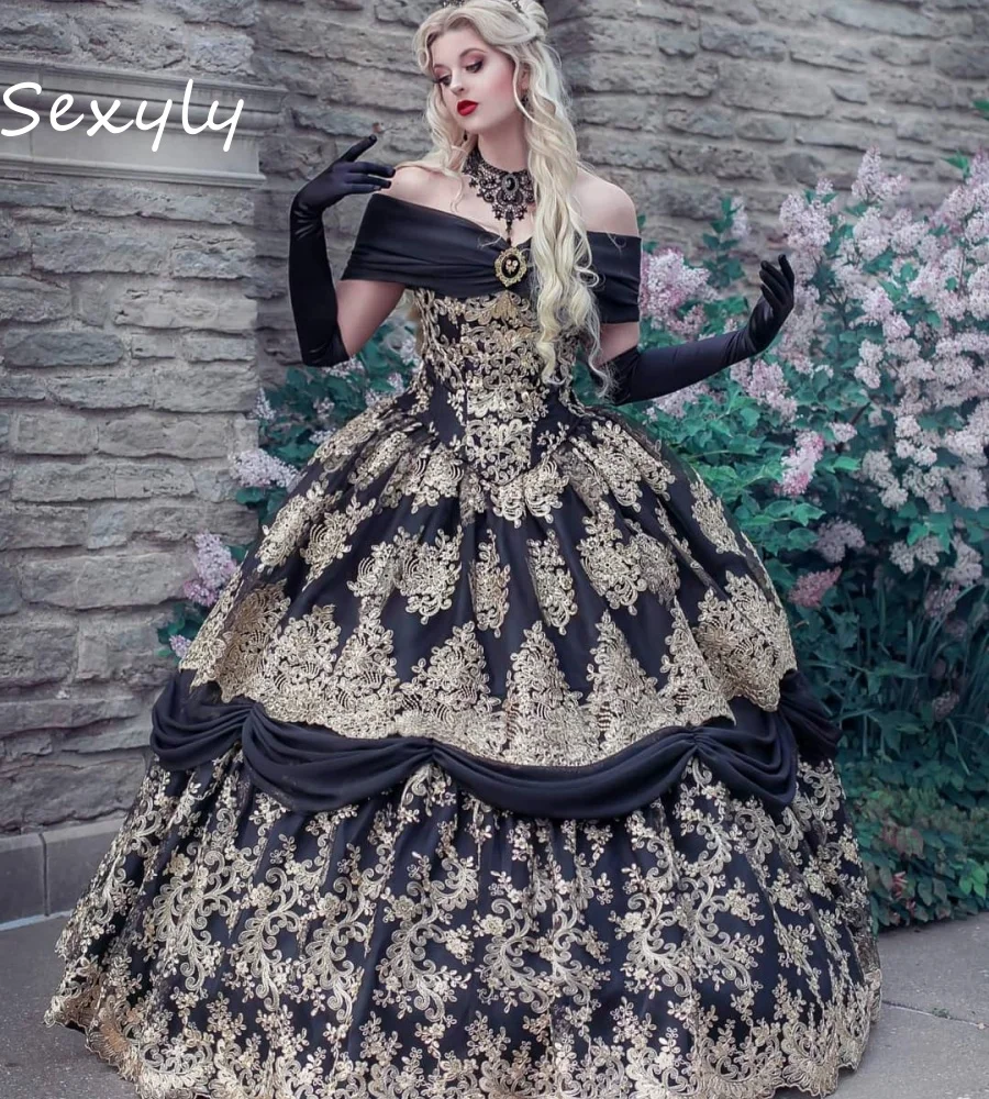 

Gorgeous Black And Gold Wedding Dress 2025 Off Shoulders Ball Gown Lace Renaissance Bride Dress Marie Antoinette Chic Customized