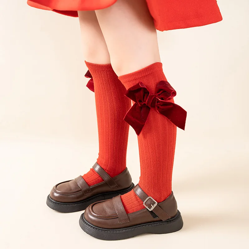 Red/Green Girls Christmas Tube Socks Autumn Winter Solid Kids Knee High Socks Big Bow Soft Toddlers Princess New Years Long Sock