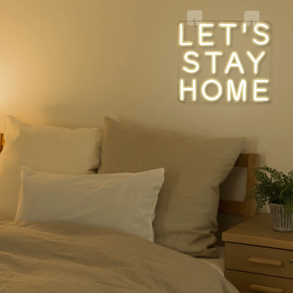 Let's Stay Home lampu Neon LED pesta pernikahan, lampu LED estetika kamar tidur rumah Game kamar seni kepribadian lampu dekorasi dinding hadiah