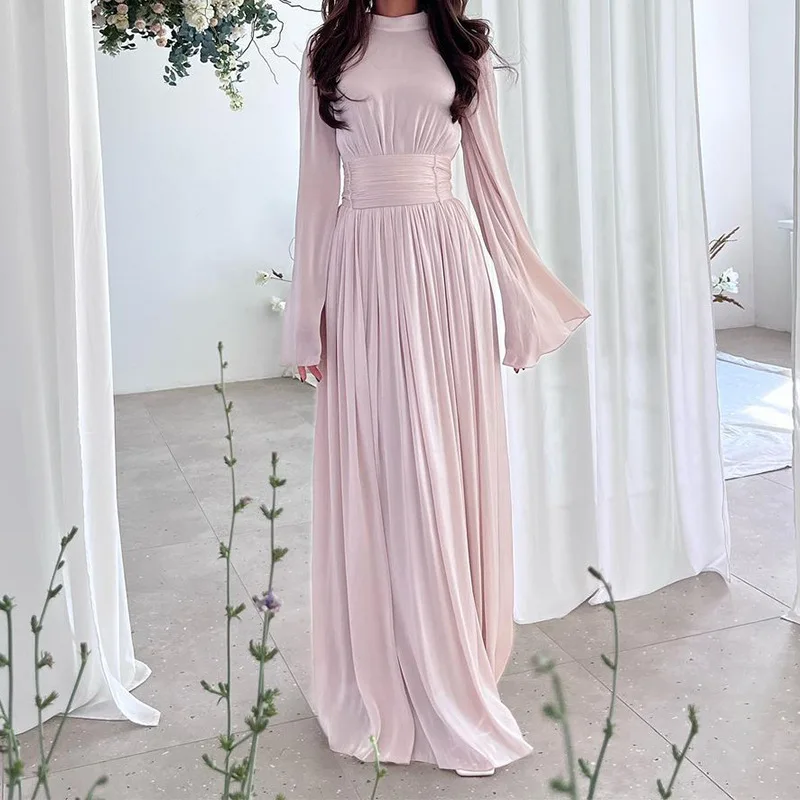 2024 Autumn Fashion French Elegant Flare Sleeves Round Neck Waist Closing Pleated Dress Women's Luxury Temperament Long Dresses