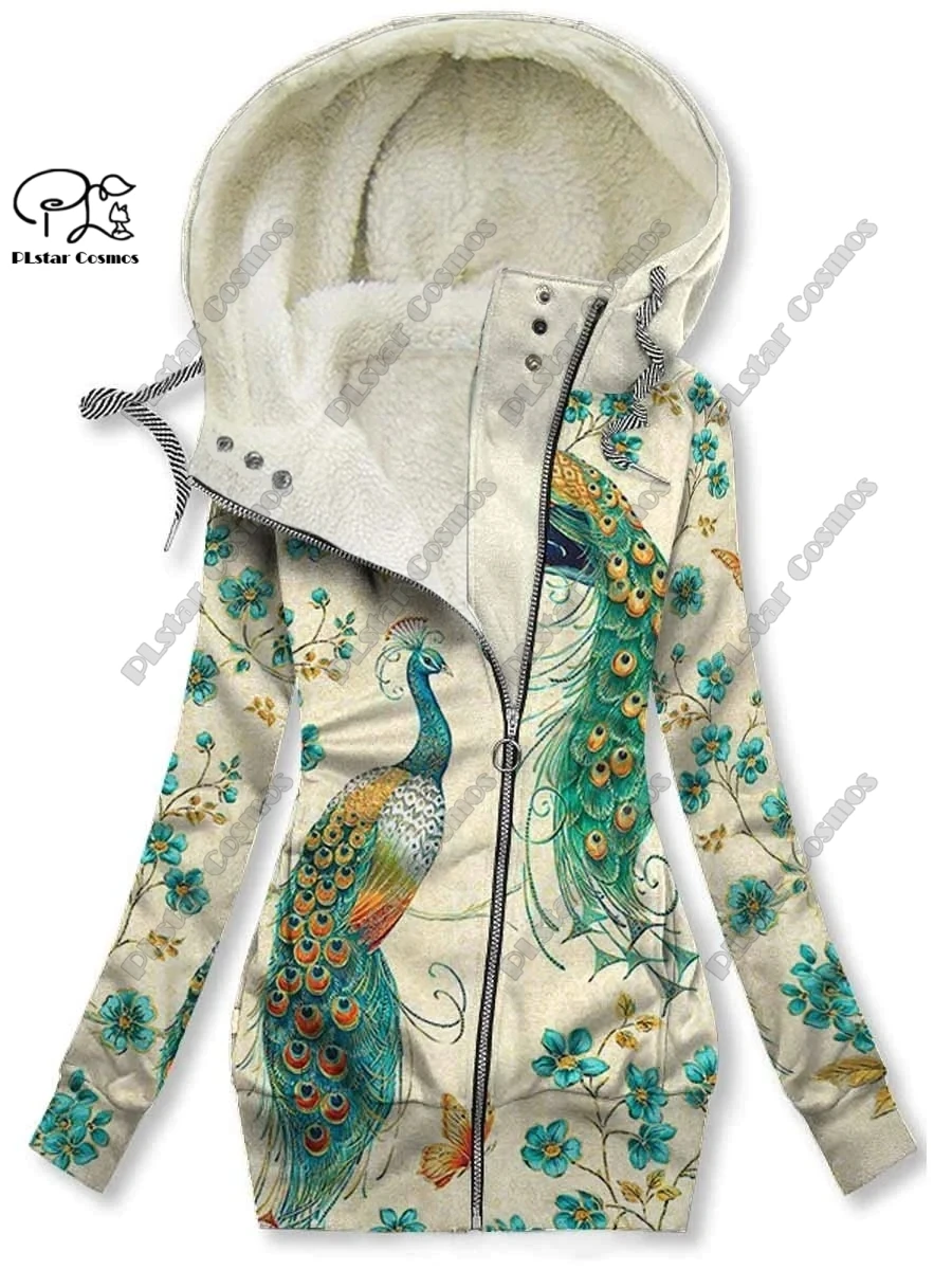 New 3D printing retro series floral and animal patterns plus velvet and warm women's long zipper sweatshirt casual winter L-18